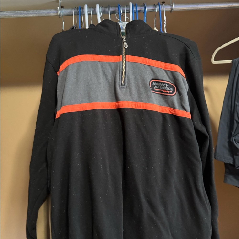 Harley-Davidson Men's Black and Gray Zip-Up Sweater with Orange Accent